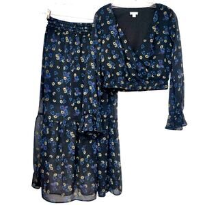 Xhilaration Black Floral Boho Midi Skirt Crop Top 2 Piece Dress Deep V Neck